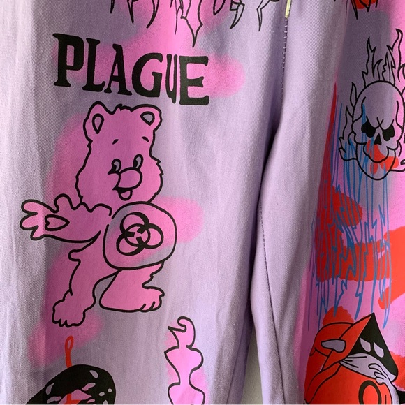 Kidcore Harijuku Bears Graphic Baggy Streetwear Pull On Neon Purple Pants Small - Picture 5 of 13